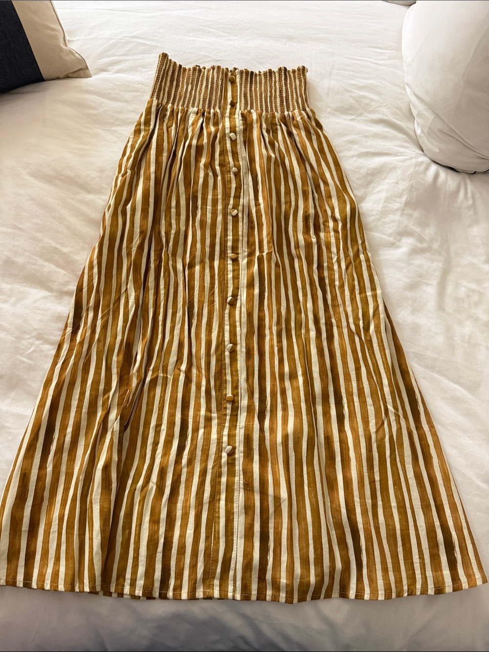 Mustard and Cream Striped Maxi Skirt with Smocked Waist & Pockets!